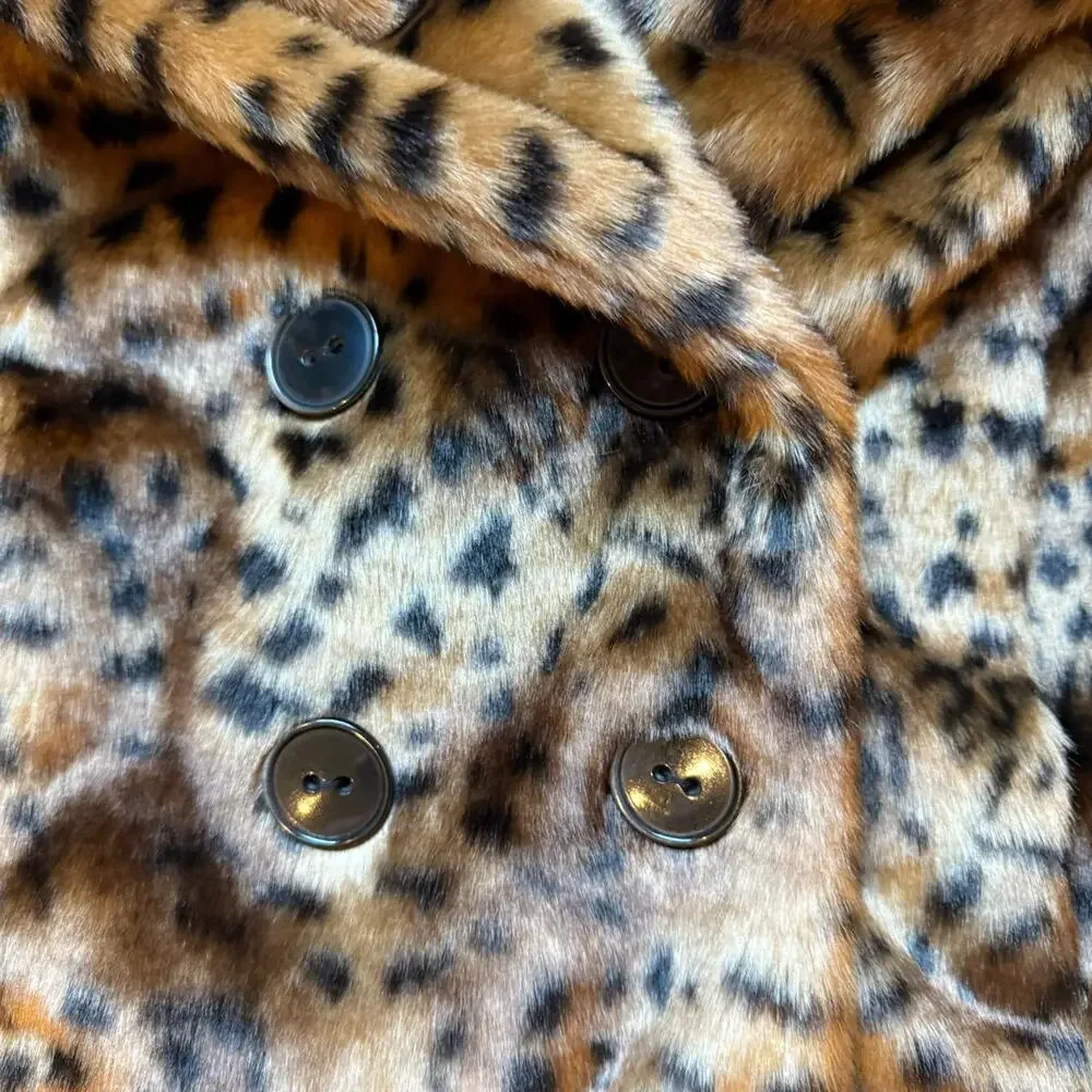 Ann Taylor LOFT Faux Fur Leopard Cropped Jacket Double Breasted Size S